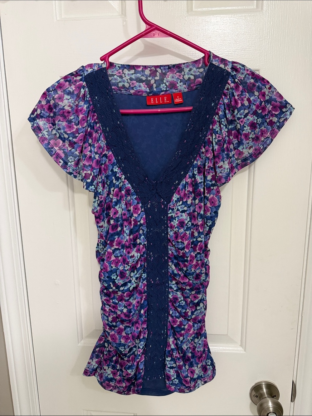 ELLE Purple and Blue Floral V-Neck Blouse
